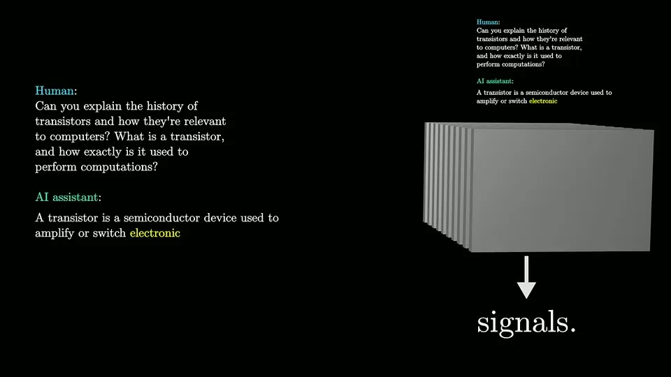 Illustration of a script with a missing AI response and a next-word prediction