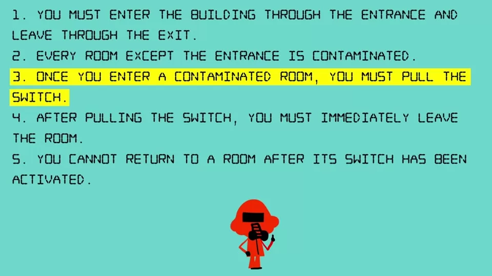 The entrance room standing out as the one uncontaminated exception in the grid